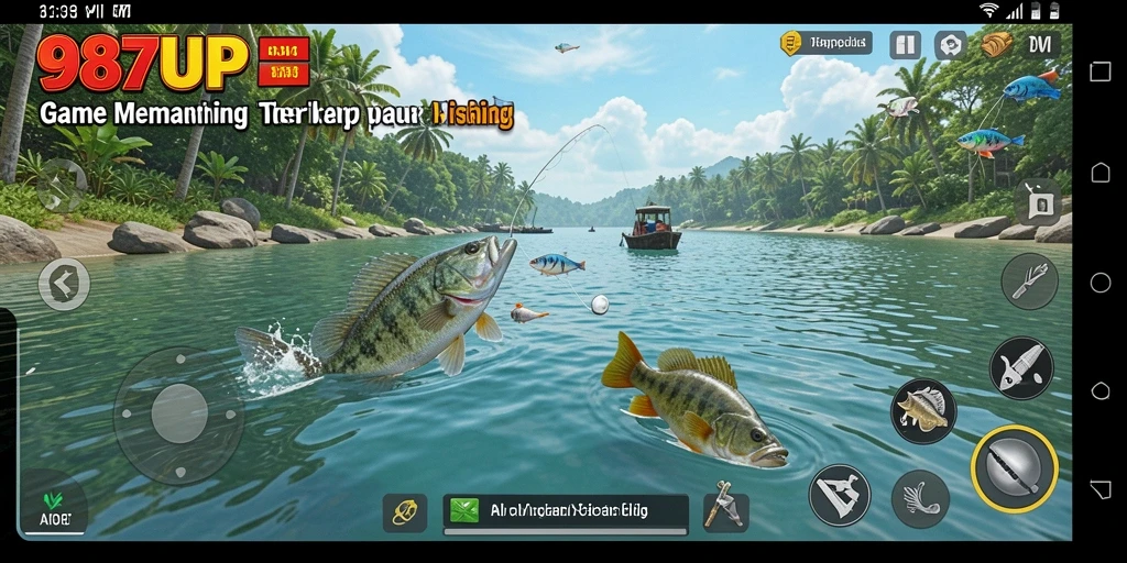 Tampilan gameplay 987UP yang seru saat memancing di lokasi indah.