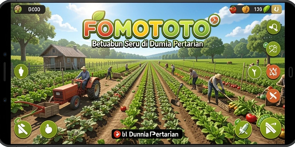 Tampilan gameplay FOMOTOTO dengan ladang yang subur dan hewan ternak.