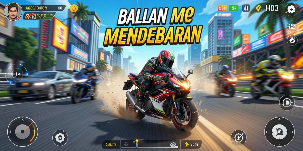 Screenshot dari gameplay H03 yang menampilkan aksi balap motor.