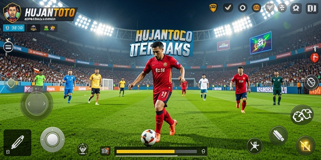 Tampilan gameplay HUJANTOTO yang mendebarkan di lapangan sepak bola.