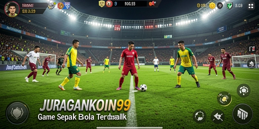 Tangkapan layar utama JURAGANKOIN99 menampilkan aksi pertandingan sepak bola yang seru.