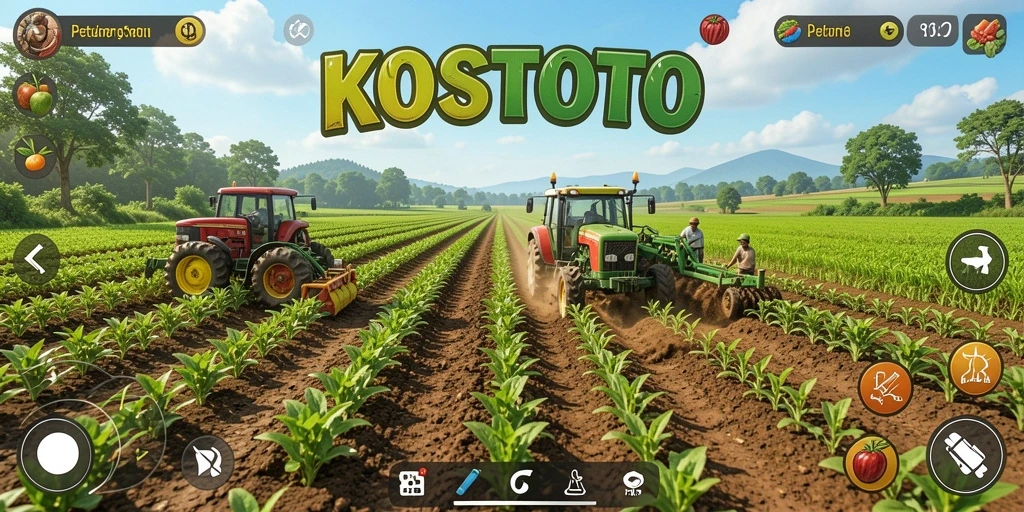 Tangkapan layar gameplay KOSTOTO yang menunjukkan keindahan pertanian.