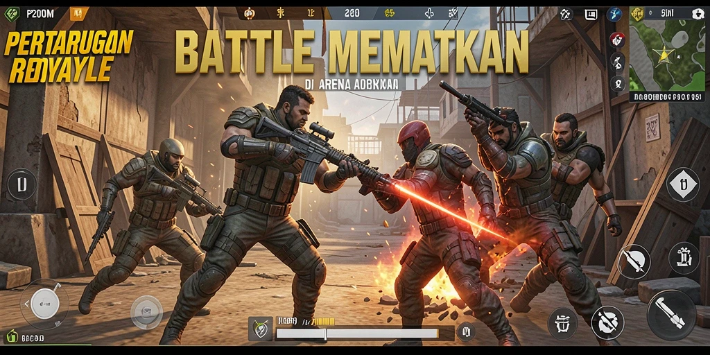 Tangkapan layar utama P200M menampilkan aksi seru di medan perang Battle Royale.