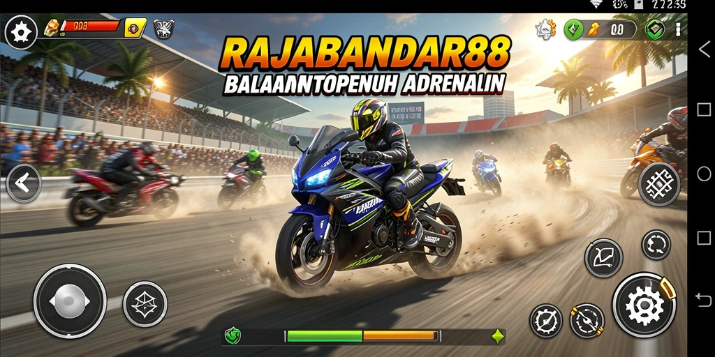 Screenshot gameplay seru RAJABANDAR88 dengan balapan motor yang mendebarkan.