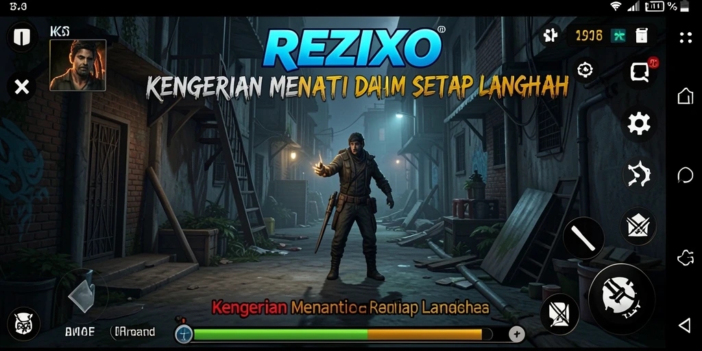 Tangkapan layar gameplay REZIXO menunjukkan suasana mencekam yang mendalam.