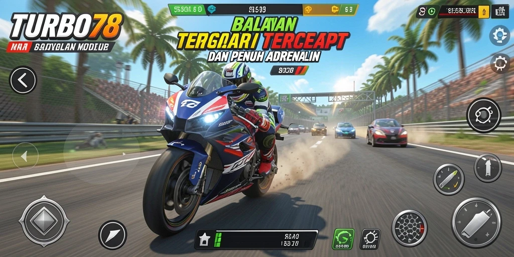 Gameplay balapan motor yang intens dan menegangkan di TURBO78.